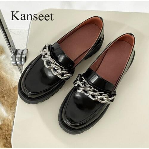 Kanseet Loafers Shoes Mid Heels Cow Leather Woman Platform Chunky Heels Pumps Chain Round Toe Ladies Footwear Black Plus Size 43