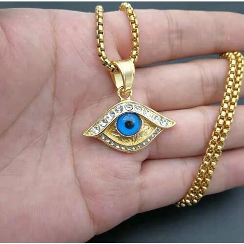 Hip hop Gold color Eye Pendant Necklace with zircon 316L Stainless steel Clavicle Necklace Women men Jewelry