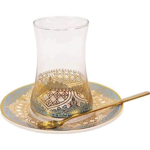 High-Grade Turkish style Blue Gold heat-resistant glass coffee cup tea cup set with Saucers Spoon Drinkware Set