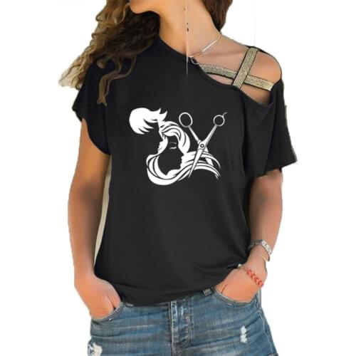 High Quality Hair Salon Stylist Hairdresser Barber print T Shirts Women Summer Irregular Skew Cross Bandage tee tops