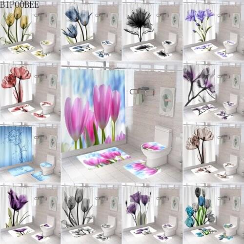 Tulip Flower Printed Shower Curtain Colorful Flowers Bathroom Curtains Set Bath Mats Rugs Plant Floral Toilet Lid Cover Carpet