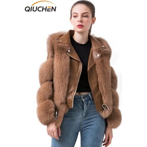 QIUCHEN PJ20066 hot sale women winter coats real fox fur jacket real leather jackets genuine sheepskin luxury fur fashion coat