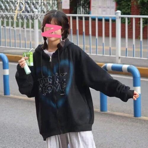 Y2k Women Zip-up Hoodie Hip Hop Streetwear Kawaii Graffiti Heart Letter Bear Print Sweatshirt E-girl Punk Autumn Outwear 2021