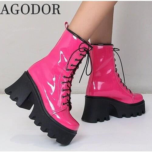 AGODOR Women Hot Pink Ankle Boot Tie Up Gothic Combat Booties for Women Platform Block High Heel Patent Leather Ankle Boots