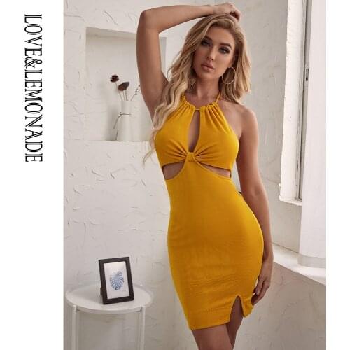 LOVE&LEMONADE Sexy Yellow Cuy Out Lace Split Slim Stretch Knit Mini Dress AD02485