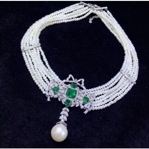 Natural fresh water pearl necklace multi layers 925 sterling silver with cubic zircon green color fine women jewelry