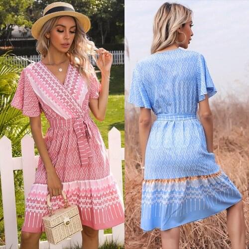 Dress Lace-up Knee-length Womens Summer Sexy V-neck French Short Sleeves With Belt Patchwork Draped Print Color Female Vestido