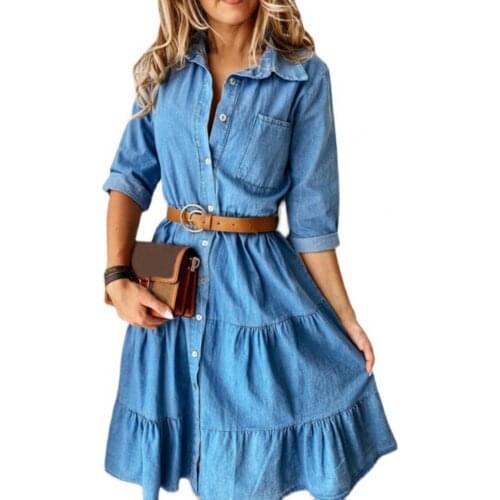Women Loose Denim Dress Three Quarter Sleeve Turn-down Collar Buttons Ruffle Belt Lady Knee Length Dresses