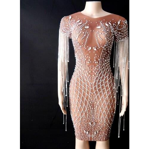 Flashing Stones Fringe Rhinestone Transparent Dress Women Dance Evening Outfit Birthday Celebrate Costume Short Dress