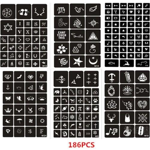 186pcs/set Henna Tattoo Stencil Elephant Cat Small Pattern Glitter Tattoo Stencils for Painting Body Airbrush Stencil Pochoir