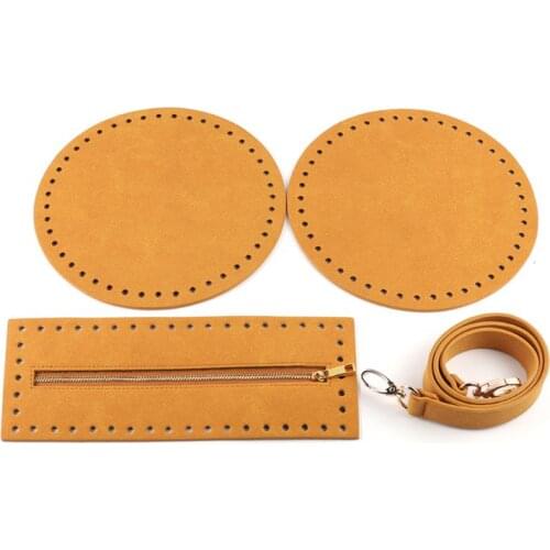 4Pieces/Set Bag Bottom Shaper Base Round Artificial Leather Purse Inserts Strap Zipper for DIY Sewing Crochet Shoulder 066F