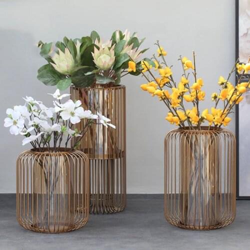 Large 50cm Luxury Gold Cage Shape Floor Flower Pot Art Metal Vase Tabletop Green Plant Dried Flower Pot Home Office Hotel Decor