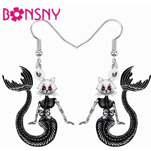 BONSNY Halloween Acrylic Sweet Skull Demon Fish Cat Earrings Fashion Big Drop Dangle Magic Gifts Jewelry For Women Girls Teens