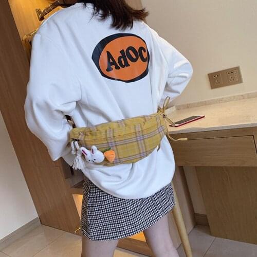 Japanese Harajuku Canvas Bag New Luggage Womens Breast Bag Small Fresh Lovely Animal Lattice Slant hip hop personality Bag