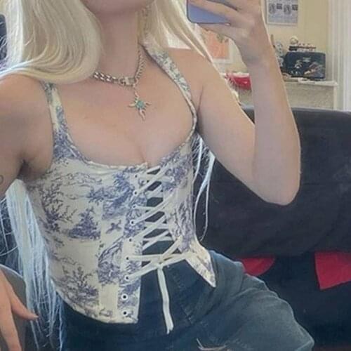 Fashion Hollow Corset Fairy Grunge Bandage Bodycon Tank Tops Printing Sleeveless Cardigan Bustier for Womens
