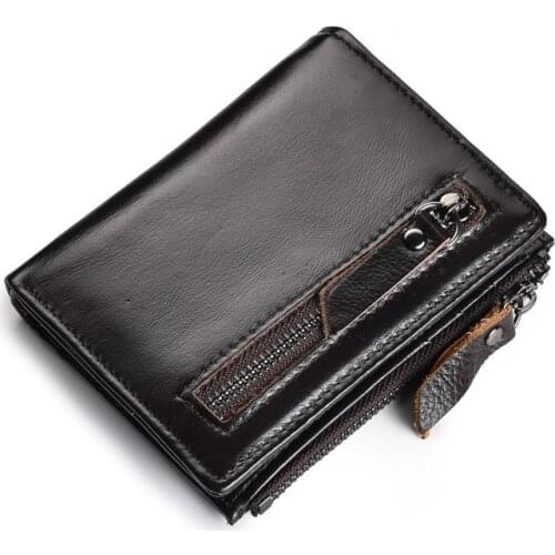 Mens Retro Wallet Zipper Anti Magnetic Head Layer Cowhide Oil Wax Leather Purse Leather