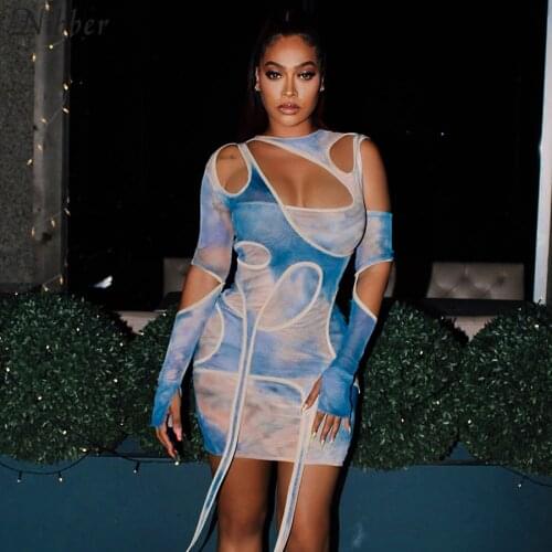 Nibber Summer Irregular Long Sleeve Elegant Hollow Tassel Mini Dress Sexy Women Tie Dye Casual Party Club Sukienka Streetwear