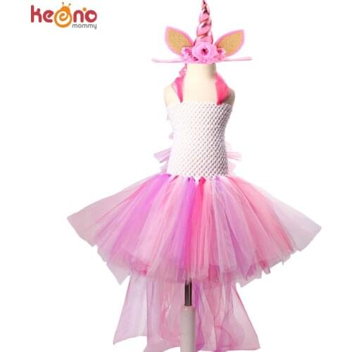 Bustle Unicorn Girl Fancy Tutu Dress Pastel Rainbow Little Pony Dress Girls Baby Halloween Purim Costume Birthday Party Dress