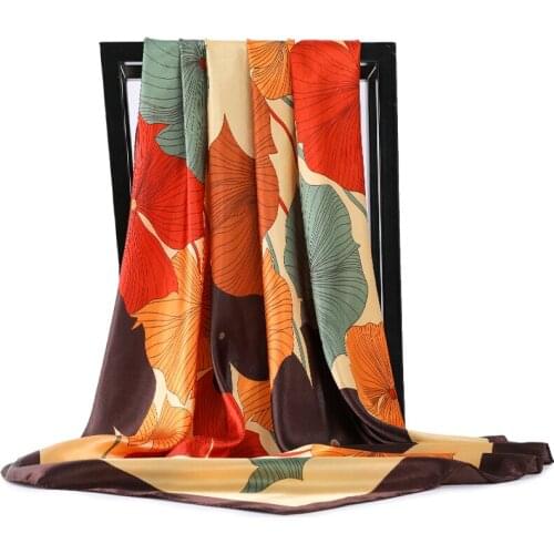 Popular Silk Scarf Spring leaf Printed brand foulard soie Women Bag Shawl Square Head Scarves Wraps Hijab 90x90cm Square scarf