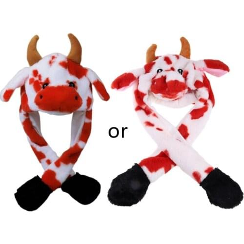 LED Light Up Plush Animal Hat with Moving Jumping Ears Multicolor Cartoon Milk Cow Earflap Cap Stuffed Toys Photo Props