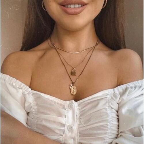Vintage Gold Color Cross Jesus Pendant Necklace for Women Coin Lock Choker Necklace Statement Chocker Collier Collar New