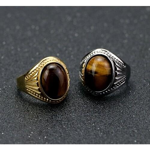 Vintage Men Women Big Natural Stone Rings Oval Tiger Eye Stone Ring Gold Silver Color Stainless Steel Punk Biker Jewelry