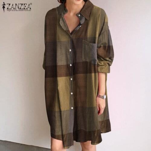 Vintage Check Shirt Dress Womens Spring Sundress ZANZEA 2021 Long Sleeve Short Vestidos Female Casual Floral Robe Femme 5XL