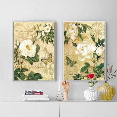 Poster Vintage White Flower Green Leaf Butterfly Canvas Painting Wall Art Painting Decorative Picture Modern Home Decoration