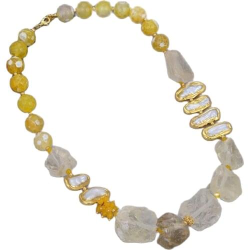 GuaiGuai Jewelry Natural Lemon Quartzs Rough White Biwa Freshwater Pearl Round Agates Choker Necklace 21" Cute For Women
