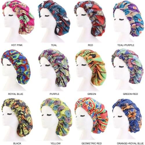 50 pcs/lot Wholesale Satin Bonnet Large African Pattern Ankara Print Bonnet Women Night Sleep Cap Double Layer Hair Accessories