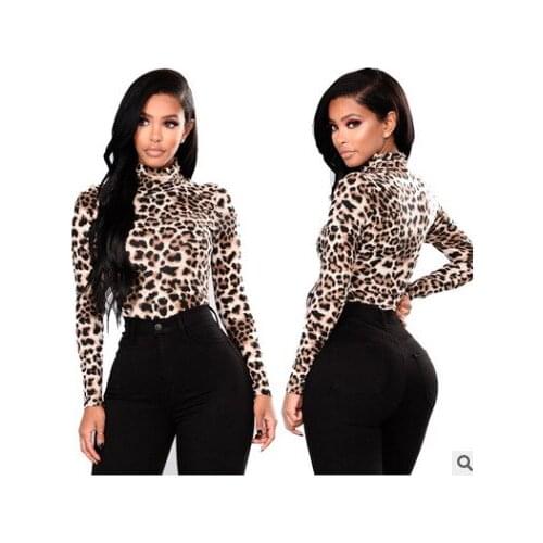 Women Casual Leopard T-shirt Long Sleeve Turtleneck-neck Women T Shirts Autumn Winter Fashion Elegant Plus Size Women T Shirt