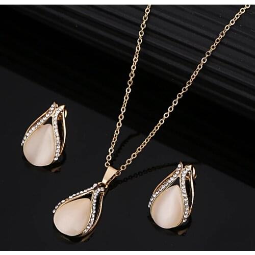 Fashion Golden Plated Opal Jewelry Sets For Woman Cubic Zirconia Water Drop Necklace Pendant Earrings Set Bridal Wedding Gift