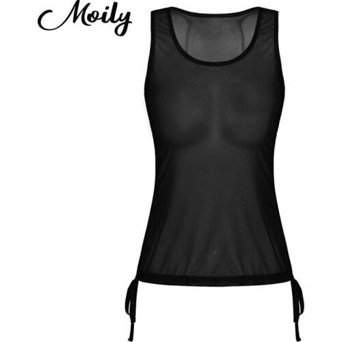 Women Adult Fashion Summer Casual Mesh Sheer See Through Crop Top T-shirt Drawstring U Neck Exotic Tank Stretchy Loose Crop Tops