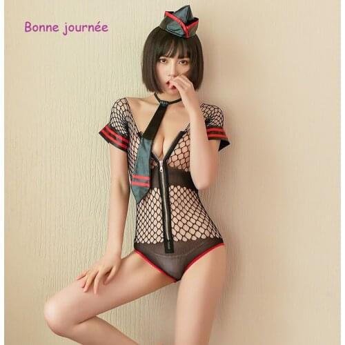 Woman Lingerie 2020 Sexy Short Sleeve Hollow Out Fishnet Bodysuit One-piece Zipper Policewoman Uniform Erotic Cosplay Lingerie