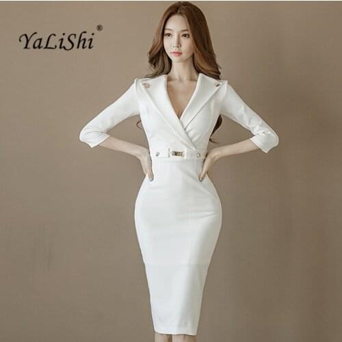 YaLiShi Big Size 2020 Summer Women Work Dress Work White V-neck 3/4 Sleeve Sexy Bandage Midi Pencil Dresses Vestidos De Festa