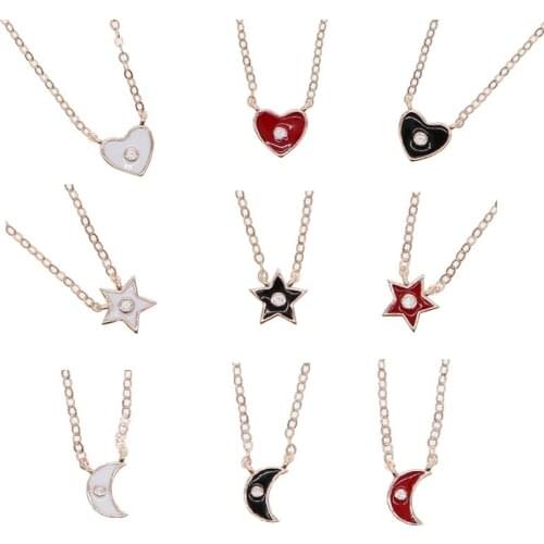 Pure Silver Red white black Enamel moon Heart star Charm Necklace For Women Wedding 925 Sterling Silver Heart Chains Jewelry