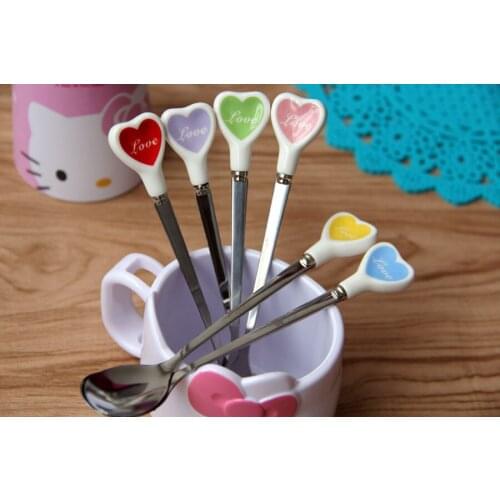 1PC Long Handle Cute Heart Shape Stainless Steel Ice Cream Dessert Coffee Tea Spoon Teaspoon 6-Color for Gift LB 280