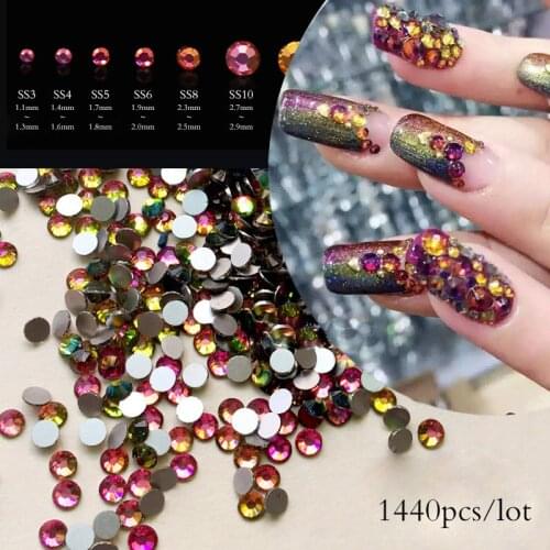 1440pcs/lot AB Colorful flame FlatBack Strass Nail art Rhinestone 3D Glass Round Crystal Stones For DIY Nails Decorations Charms