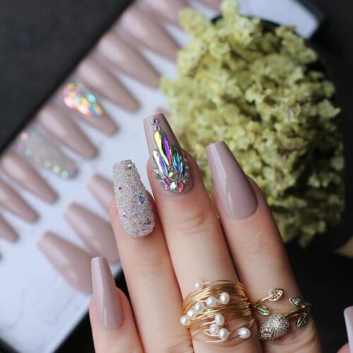 3D caviar nude UV coffin reusable gel Press on nails box custom made crystal nails bling Microdrill glitter Ballet fasle nails