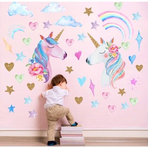 3D Golden Unicorn Wall Stickers Rainbow Stickers for Childrens Room Bedroom PVC Removable Decals Decorative Wall Stickers