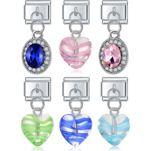 Hapiship Fashion Ellipse Rhinestone Romantic Heart Italian Links Charm Fit 9mm Stainless Steel Bracelet Jewelry Making DJ176