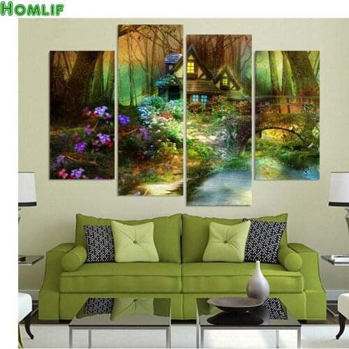 Flowers forest trees house,4pcs/set,Needlework Diy Diamond Embroidery Diamond Painting Cross Stitch Full Square Diamond Mosaic