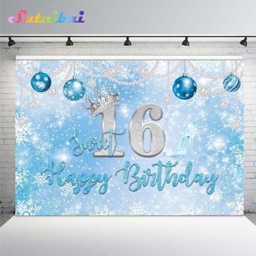 Winter Sweet 16 Snowflake Backdrop Silver Crown Crystal High Heel Girl Sixteen Birthday Party Custom Background Photography Prop
