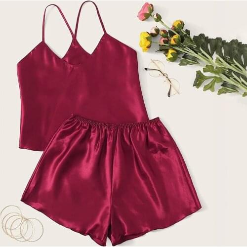 JAYCOSIN Womens Sleepwear Sexy Satin Pajama Set Lace Pyjamas Sleeveless Cute Cami Top and Shorts