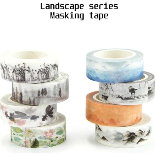 Chinese Landscape Paper Washi Tape River Lotus and Mountain Forest 15mm Adhesive Masking Tapes Stickers Album DIY Deco A6354