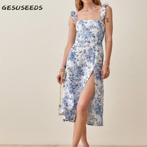 Summer midi dress women sexy sleeveless dresses vintage print dress slash neck elegant dresses women party ruffle vestidos 2021