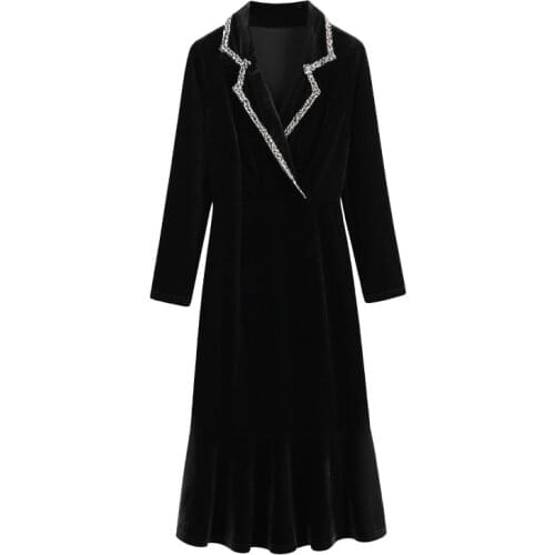 2020 Autumn and Winter New Womens Clothing Loose Suit Collar Korean Version of the High Waist Pleuche Long-Sleeve Dress Women