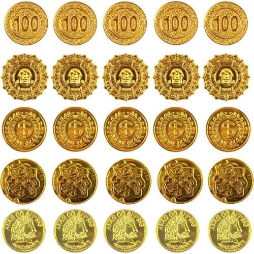 Pirate Gold Coins Plastic Set Gold Treasure Chest Coins for Play Favor Pirate Party Treasure Hunt Game Prize Kids Praise Toys