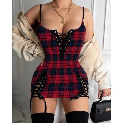 Sexy Dress Women Slim Fit Pleated Slip Dresses Sleeveless Vintage Tight Mini Dresses Summer Ladies Plus Size Plaid Gothic Dress