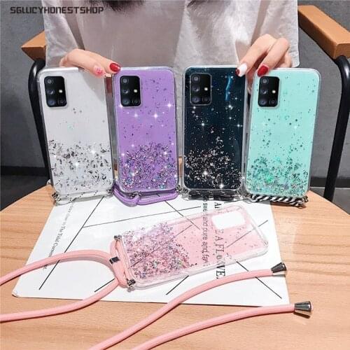 Clear Bling Glitter Case Neck Strap Rope Case For Samsung A52 5G A72 A32 S20FE A51 A50 A71 A70 S20 Ultra S10 S9 S21 Lanyard Case